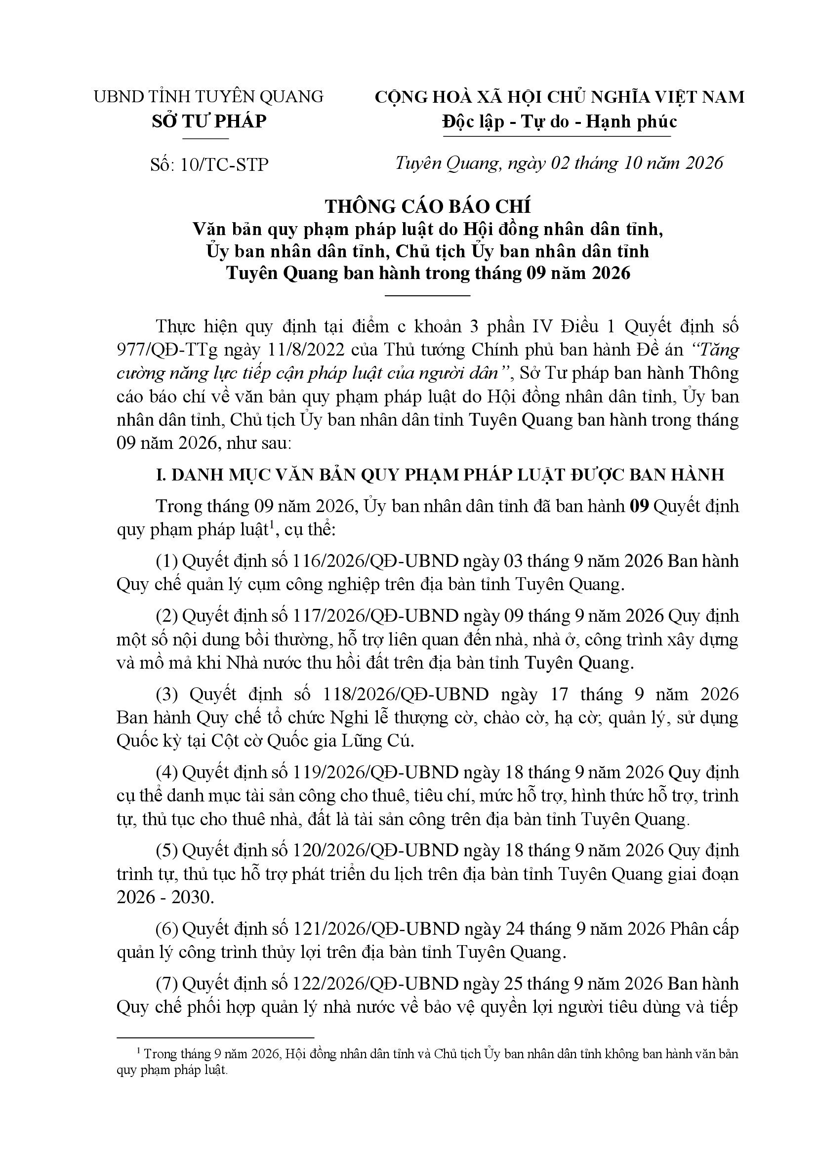 THÔNG CÁO BÁO CHÍ  Văn bản quy phạm pháp luật do Hội đồng nhân dân tỉnh,  Ủy ban nhân dân tỉnh, Chủ tịch Ủy ban nhân dân tỉnh  Tuyên Quang ban hành trong tháng 09 năm 2026